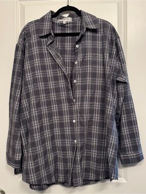 Amazing Lace navy grey plaid button-up dress, built in shorts, size L